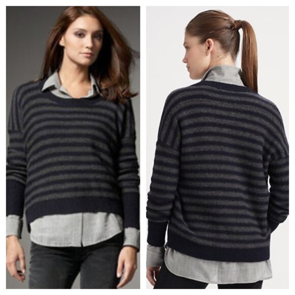 Vince Merino Wool/Camel Blend Slouchy Stripe Sweater M Black/Gray - Picture 1 of 16